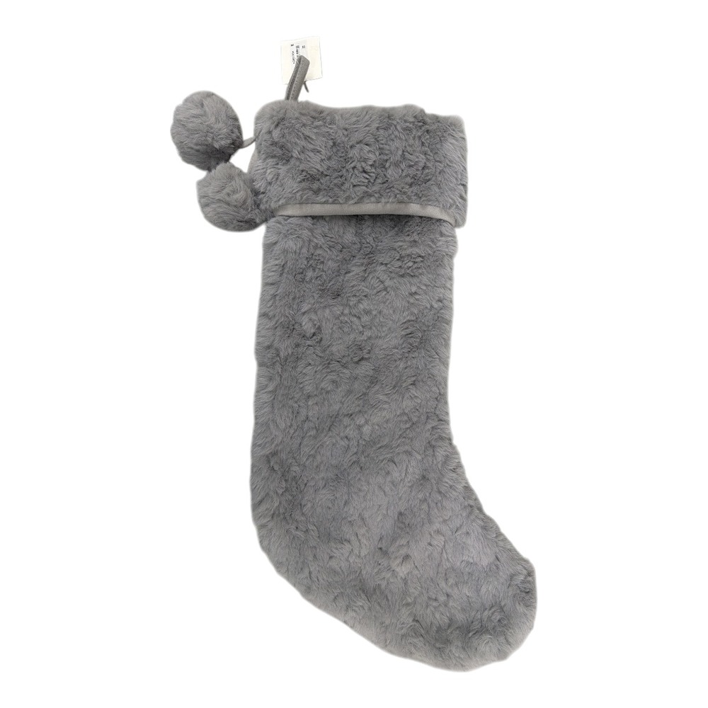 Nordstrom Gray Soft Faux Fur Christmas Stocking Pom Poms 21" Holiday Decor